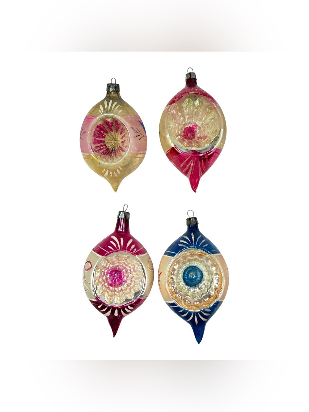 4 Vtg 3.5" Mercury Glass Teardrop Indent Reflector Christmas Ornaments Poland